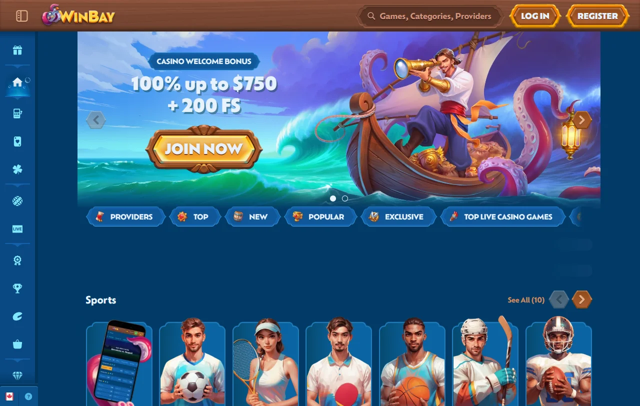 Αρχική σελίδα του WinBay Casino με καζίνο και αθλητικό στοίχημα σε υπολογιστή