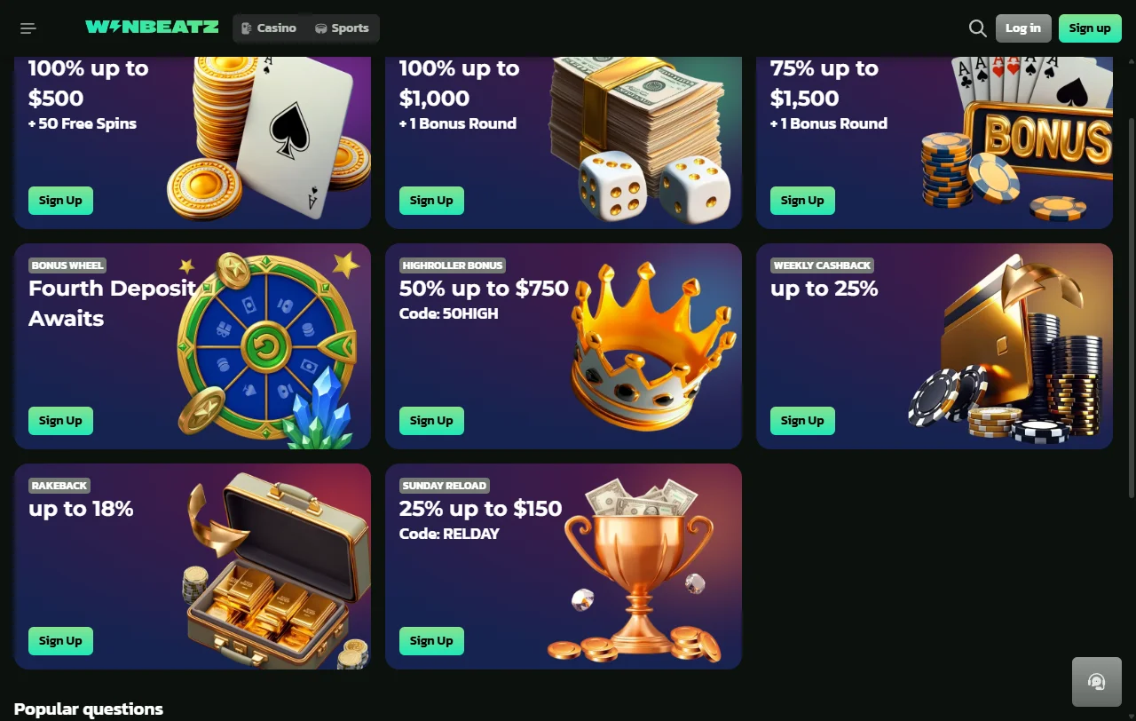 Γενική εικόνα του WinBeatz Casino με λόμπι, προσφορές και sportsbook