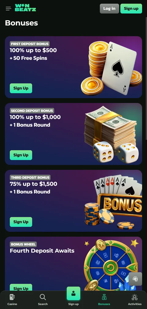 Το WinBeatz Casino σε browser κινητού για iOS και Android