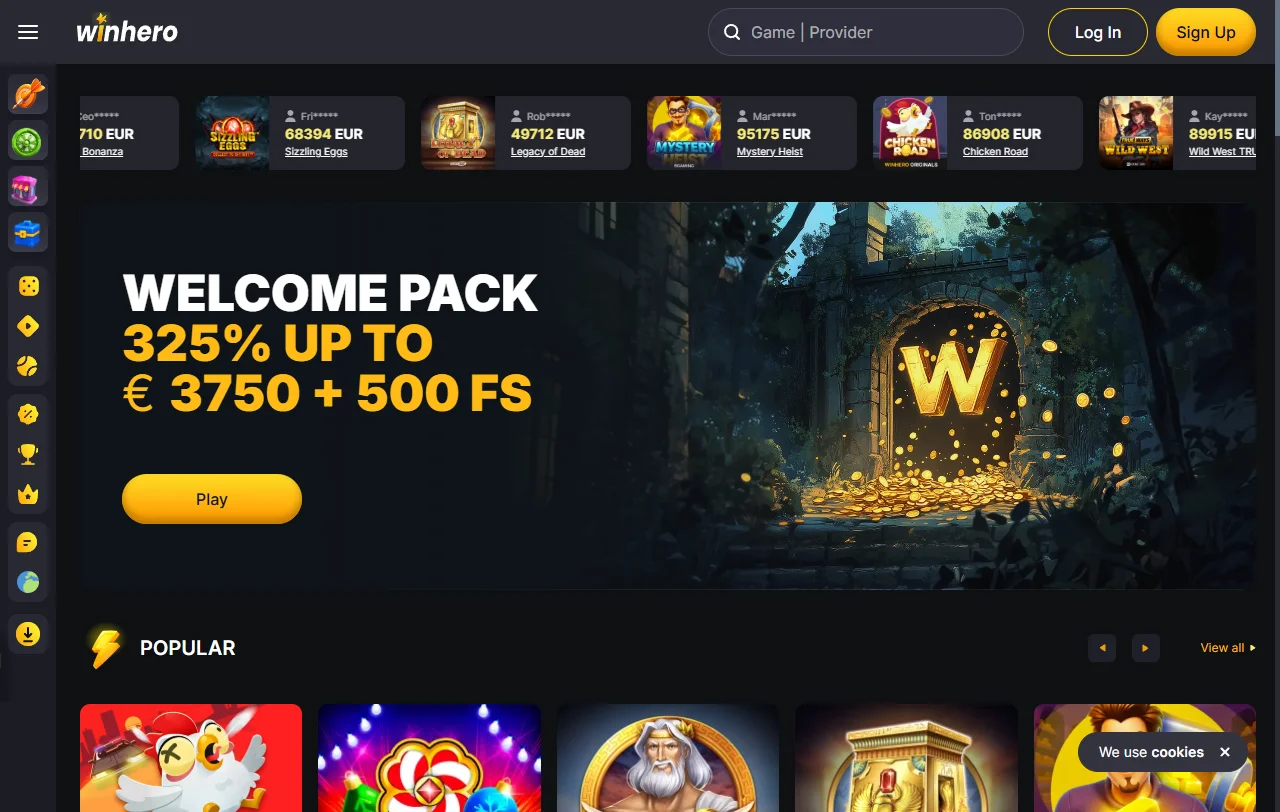 Winhero Casino αρχική σελίδα με καζίνο και αθλητικό στοίχημα σε υπολογιστή
