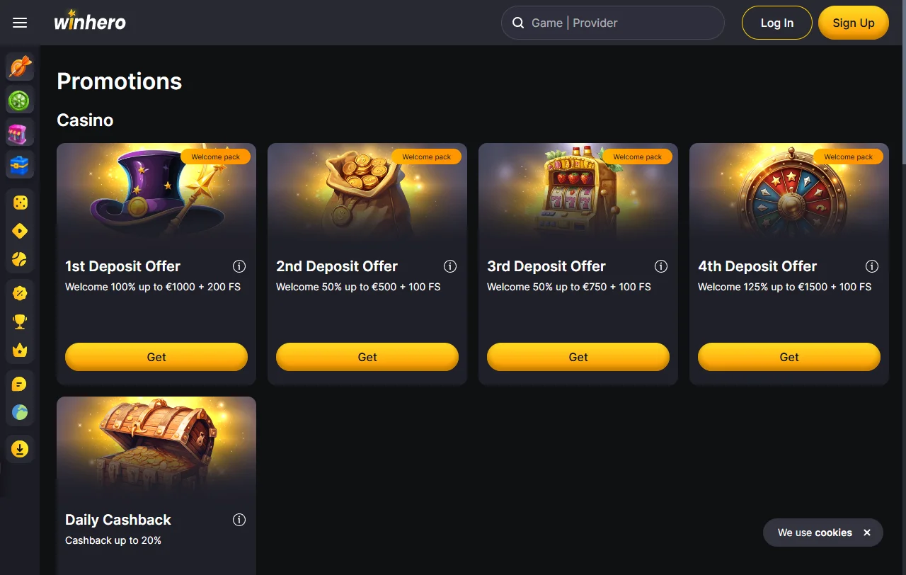 Κατάλογος slots και live τραπεζιών Evolution στο Winhero Casino από 59 παρόχους
