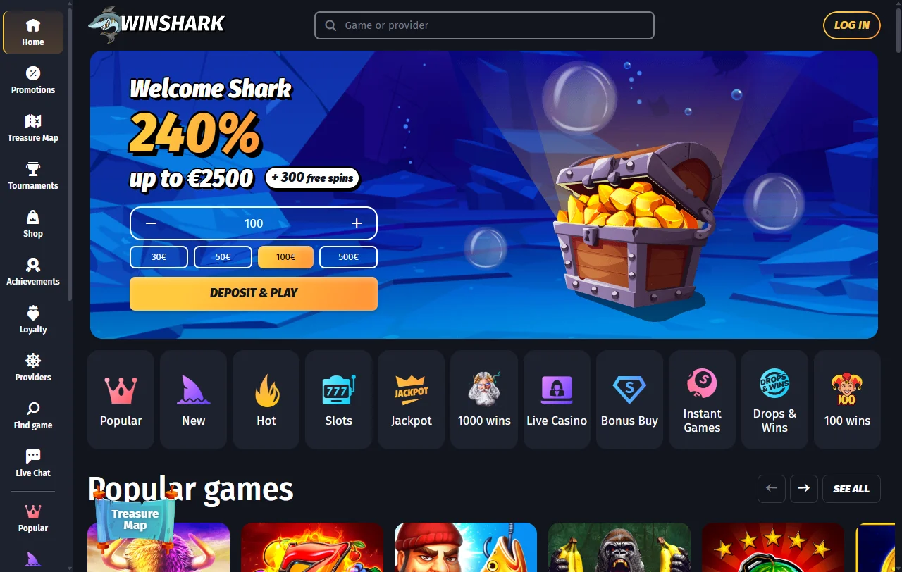 Αρχική σελίδα της Winshark Casino με το θαλάσσιο θέμα και τις κατηγορίες παιχνιδιών