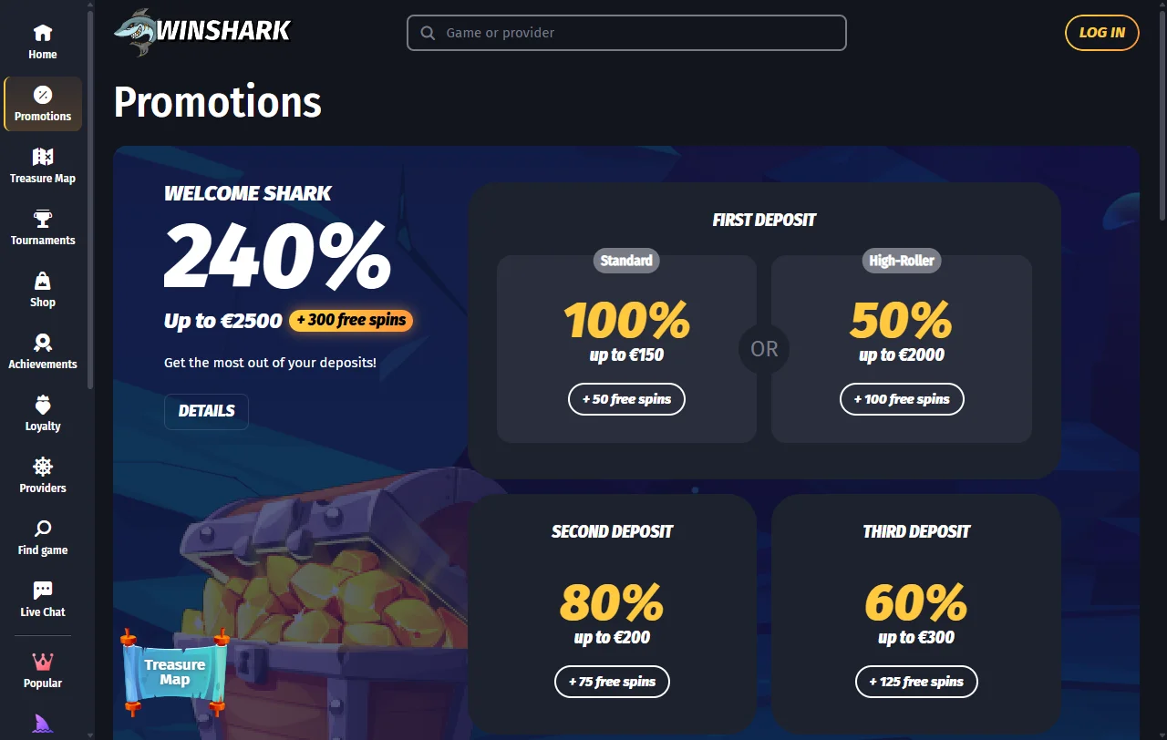 Κατάλογος slots της Winshark Casino με τίτλους Pragmatic Play και Play