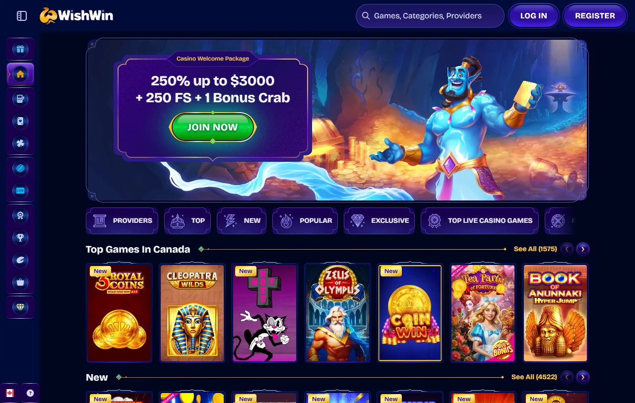 Επισκόπηση της Wishwin Casino με λόμπι άνω των 14.000 τίτλων και sportsbook