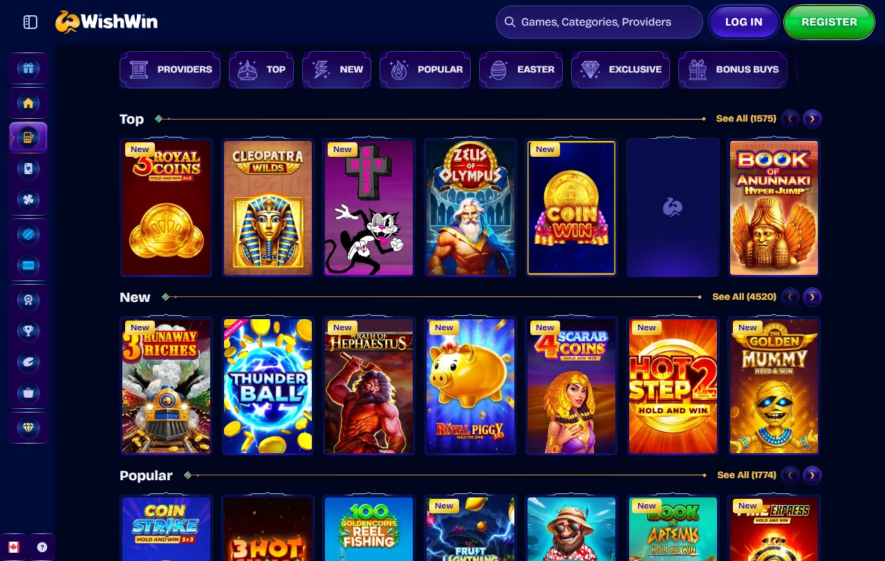 Παιχνίδια της Wishwin Casino από Pragmatic Play, Hacksaw Gaming και Evolution live