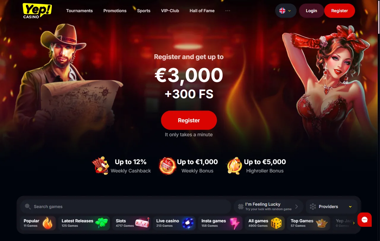 Αρχική σελίδα της YEP Casino με το πακέτο καλωσορίσματος και τις κατηγορίες