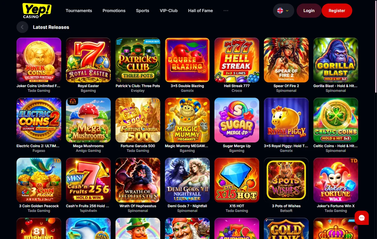 Σελίδα προσφορών της YEP Casino με cashback έως 12% και μπόνους VIP