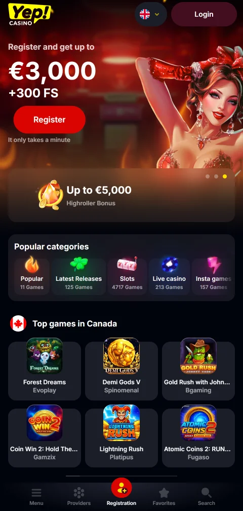 Η YEP Casino σε κινητό Android μέσω της εφαρμογής APK